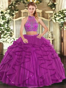 Fuchsia Sleeveless Tulle Criss Cross Sweet 16 Dresses for Military Ball and Sweet 16 and Quinceanera