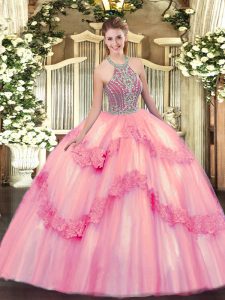 Cute Baby Pink Ball Gowns Beading and Appliques Vestidos de Quinceanera Lace Up Tulle Sleeveless Floor Length