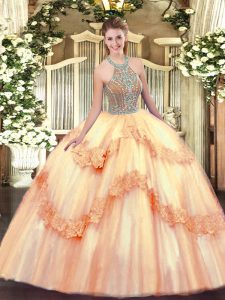 Custom Designed Peach Tulle Lace Up Quinceanera Gowns Sleeveless Floor Length Beading and Appliques