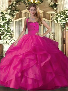 Graceful Floor Length Ball Gowns Sleeveless Hot Pink Sweet 16 Dress Lace Up