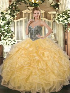 On Sale Sweetheart Sleeveless Lace Up 15th Birthday Dress Gold Organza