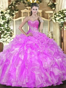 Lilac 15 Quinceanera Dress Military Ball and Sweet 16 and Quinceanera with Beading and Ruffles Sweetheart Sleeveless Lac