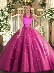 Sleeveless Tulle Floor Length Lace Up Sweet 16 Dresses in Hot Pink with Appliques