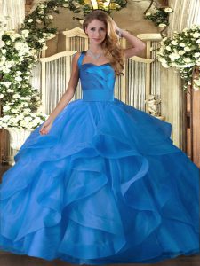 Smart Blue Ball Gowns Tulle Halter Top Sleeveless Ruffles Floor Length Lace Up Quinceanera Gown