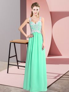 Most Popular Apple Green Chiffon Zipper V-neck Sleeveless Floor Length Homecoming Dress Lace