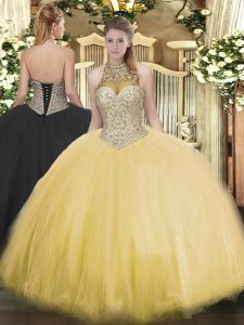 Deluxe Ball Gowns Sweet 16 Dresses Gold Halter Top Tulle Sleeveless Floor Length Lace Up