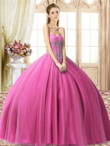 Custom Fit Fuchsia Ball Gowns Beading Quinceanera Gown Lace Up Tulle Sleeveless Floor Length