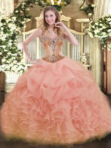 Fashionable Peach Ball Gowns Beading and Ruffles and Pick Ups Quinceanera Gowns Lace Up Organza Sleeveless Floor Length