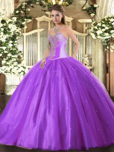 Best Selling Lavender Ball Gowns Sweetheart Sleeveless Tulle Floor Length Lace Up Beading Quinceanera Dress