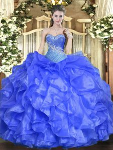 High End Blue Organza Lace Up Sweetheart Sleeveless Floor Length 15 Quinceanera Dress Beading and Ruffles