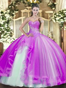 Fantastic Floor Length Lace Up Quinceanera Dress Lilac for Military Ball and Sweet 16 and Quinceanera with Beading and R