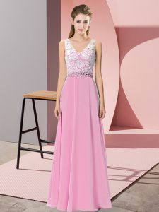 Rose Pink Empire Chiffon and Lace V-neck Sleeveless Beading Floor Length Backless Prom Evening Gown