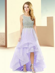 Lavender Lace Up Straps Beading and Ruffles Prom Dress Organza Sleeveless