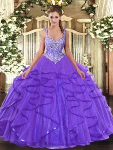 Customized Lavender Sleeveless Beading and Ruffles Floor Length Quinceanera Gown