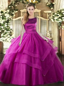 Super Fuchsia Lace Up Scoop Ruffles and Ruffled Layers Quinceanera Dresses Tulle Sleeveless