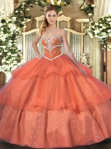 Glamorous Floor Length Orange Red Ball Gown Prom Dress Tulle Sleeveless Beading and Ruffled Layers