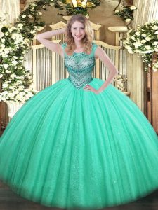 Scoop Sleeveless Quinceanera Dresses Floor Length Beading Turquoise Tulle and Sequined
