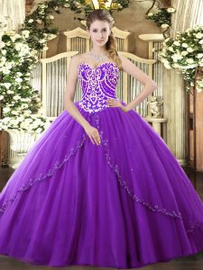 Clearance Sleeveless Tulle Brush Train Lace Up Ball Gown Prom Dress in Purple with Beading