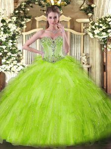 Tulle Lace Up Quince Ball Gowns Sleeveless Floor Length Beading and Ruffles