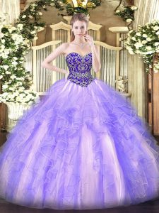 Fabulous Sweetheart Sleeveless Tulle Quinceanera Dresses Beading and Ruffles Lace Up