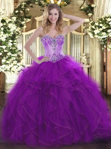 Eggplant Purple Ball Gowns Sweetheart Sleeveless Organza Floor Length Lace Up Beading and Ruffles 15 Quinceanera Dress