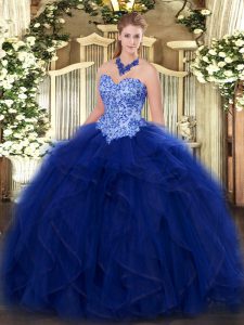 Sweet Blue Ball Gowns Organza Sweetheart Sleeveless Appliques and Ruffles Floor Length Lace Up 15 Quinceanera Dress