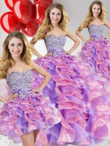 Floor Length Multi-color 15th Birthday Dress Organza Sleeveless Beading and Ruffles and Bowknot