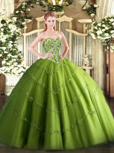 Olive Green Sleeveless Beading and Appliques Floor Length Quince Ball Gowns