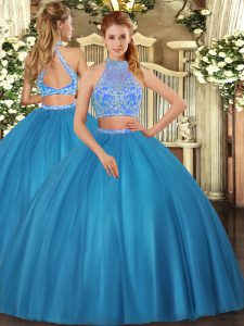 Teal Tulle Criss Cross Quinceanera Gowns Sleeveless Floor Length Beading