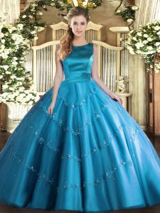 Admirable Aqua Blue Sleeveless Floor Length Appliques Lace Up 15 Quinceanera Dress