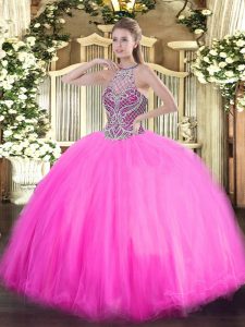 Top Selling Rose Pink Quinceanera Dress Military Ball and Sweet 16 and Quinceanera with Beading Halter Top Sleeveless La