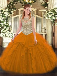 Great Orange Red Ball Gowns Beading and Ruffles Quince Ball Gowns Lace Up Tulle Sleeveless Floor Length