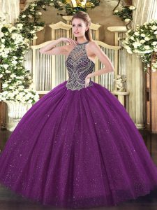 Eggplant Purple Vestidos de Quinceanera Party and Military Ball and Sweet 16 and Quinceanera with Beading Halter Top Sle