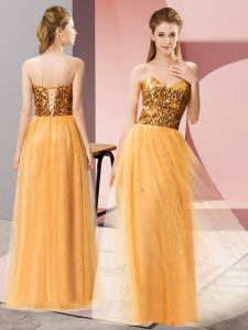 Pretty Floor Length Gold Tulle Sleeveless Sequins