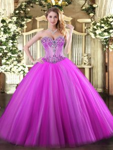 Glittering Sweetheart Sleeveless Lace Up Sweet 16 Dress Fuchsia Tulle