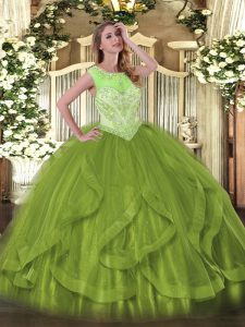 Olive Green Scoop Lace Up Beading and Ruffles 15 Quinceanera Dress Sleeveless