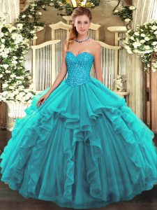 Custom Design Ball Gowns Ball Gown Prom Dress Teal Sweetheart Tulle Sleeveless Floor Length Lace Up