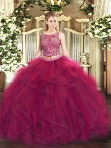 Colorful Scoop Sleeveless Tulle Quinceanera Gown Beading and Ruffles Lace Up