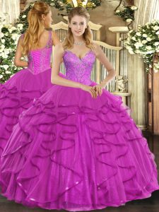Fuchsia Ball Gowns Beading and Ruffles Quinceanera Dresses Lace Up Tulle Sleeveless Floor Length