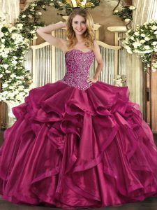 Exceptional Sleeveless Beading and Ruffles Lace Up Quince Ball Gowns