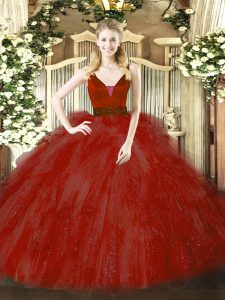 Modern Wine Red Zipper Sweet 16 Quinceanera Dress Beading and Ruffles Sleeveless Floor Length