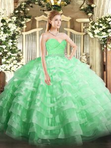 Apple Green Zipper 15th Birthday Dress Beading and Lace and Ruffled Layers Sleeveless Floor Length
