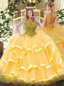 Custom Made Scoop Cap Sleeves Ball Gown Prom Dress Floor Length Beading and Ruffled Layers Gold Organza