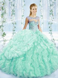 Customized Organza Sweetheart Sleeveless Brush Train Lace Up Beading and Ruffles Quinceanera Gown in Apple Green