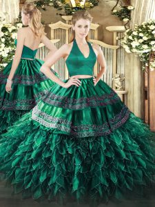 Enchanting Organza Halter Top Sleeveless Zipper Appliques and Ruffles 15th Birthday Dress in Dark Green