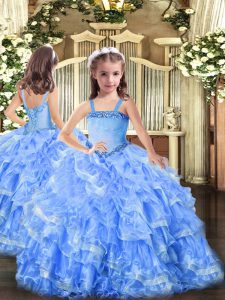 Cheap Baby Blue Ball Gowns Straps Sleeveless Organza Floor Length Lace Up Appliques and Ruffled Layers Pageant Dresses