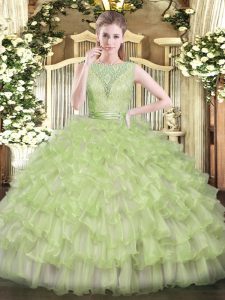 Customized Yellow Green Ball Gowns Tulle Scoop Sleeveless Beading and Ruffled Layers Floor Length Backless Quinceanera D