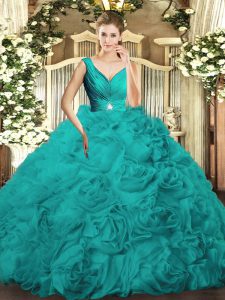 Clearance Floor Length Backless Quinceanera Gown Turquoise for Military Ball and Sweet 16 and Quinceanera with Beading a