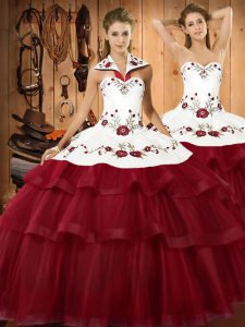 Extravagant Wine Red Halter Top Lace Up Embroidery and Ruffled Layers Quinceanera Gowns Sweep Train Sleeveless
