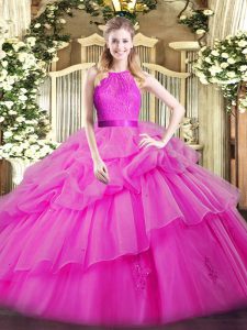 Decent Scoop Sleeveless Sweet 16 Dresses Floor Length Lace and Ruffled Layers Fuchsia Organza